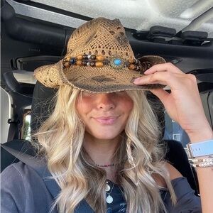 Stylish Brown Straw Hat with Beaded Band